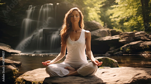 Woman meditates in peace in the outdoors. Serene quiet by a stream. Yoga by a lake