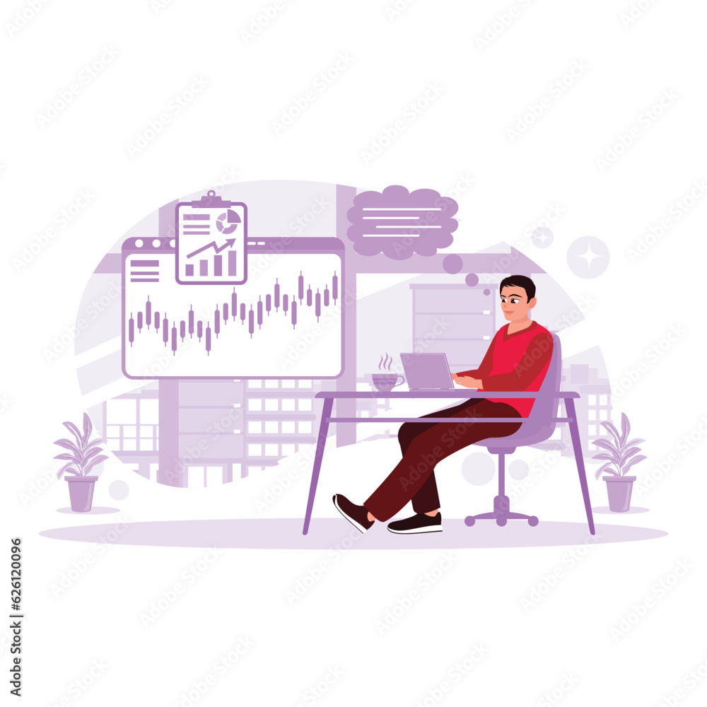 young businessman working with a laptop while sitting in front of his computer screen with trading charts. Stock trading concept. Trend Modern vector flat illustration