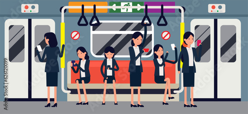 Underground tube mass transit passengers. Public transportation concept