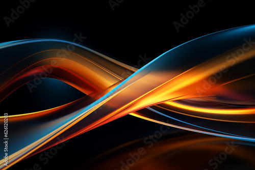 Abstract futuristic background with vivid orange, cyan and blue glowing and bright neon wavy lines of light. Data transfer concept, information flow, technology, created with generative AI technology