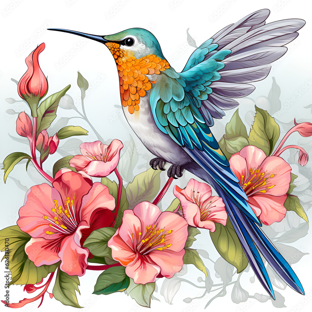 Obraz premium hummingbird and flowers,flying,AI generated
