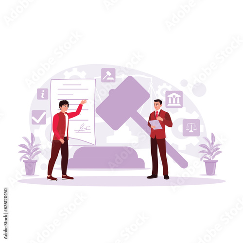 the judge and his colleagues met in the office. The Signing of the decree. Legal concept. Lawyer cartoon concept with legal services symbol vector illustration. Trend Modern vector flat illustration