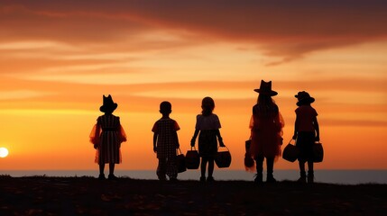 silhouette of a group of kids halloween at sunset