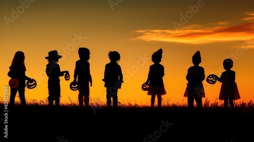 silhouette of a group of kids halloween at sunset