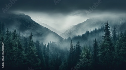 Enigmatic Forest Veil: Dreary Fog and Mist Among Mountain Firs