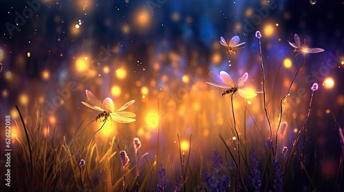 Enchanting Firefly Night: Magical Landscape with Glowing Bugs