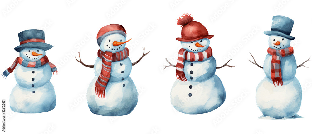 Cute Christmas Snowmen Set, Isolated Watercolor Illustrations, Generative AI