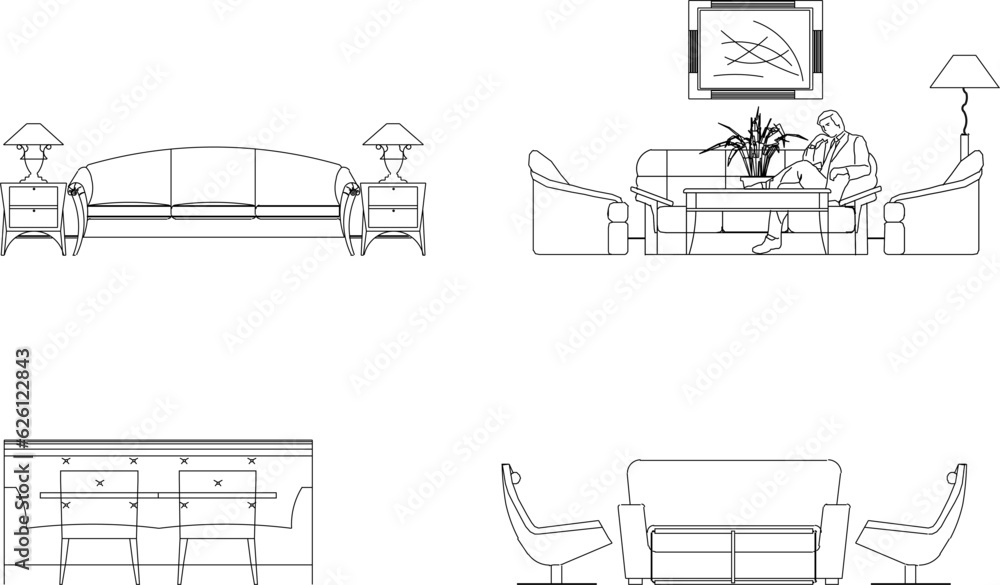 Sketch vector illustration of interior architectural design view of dining table and meeting chairs