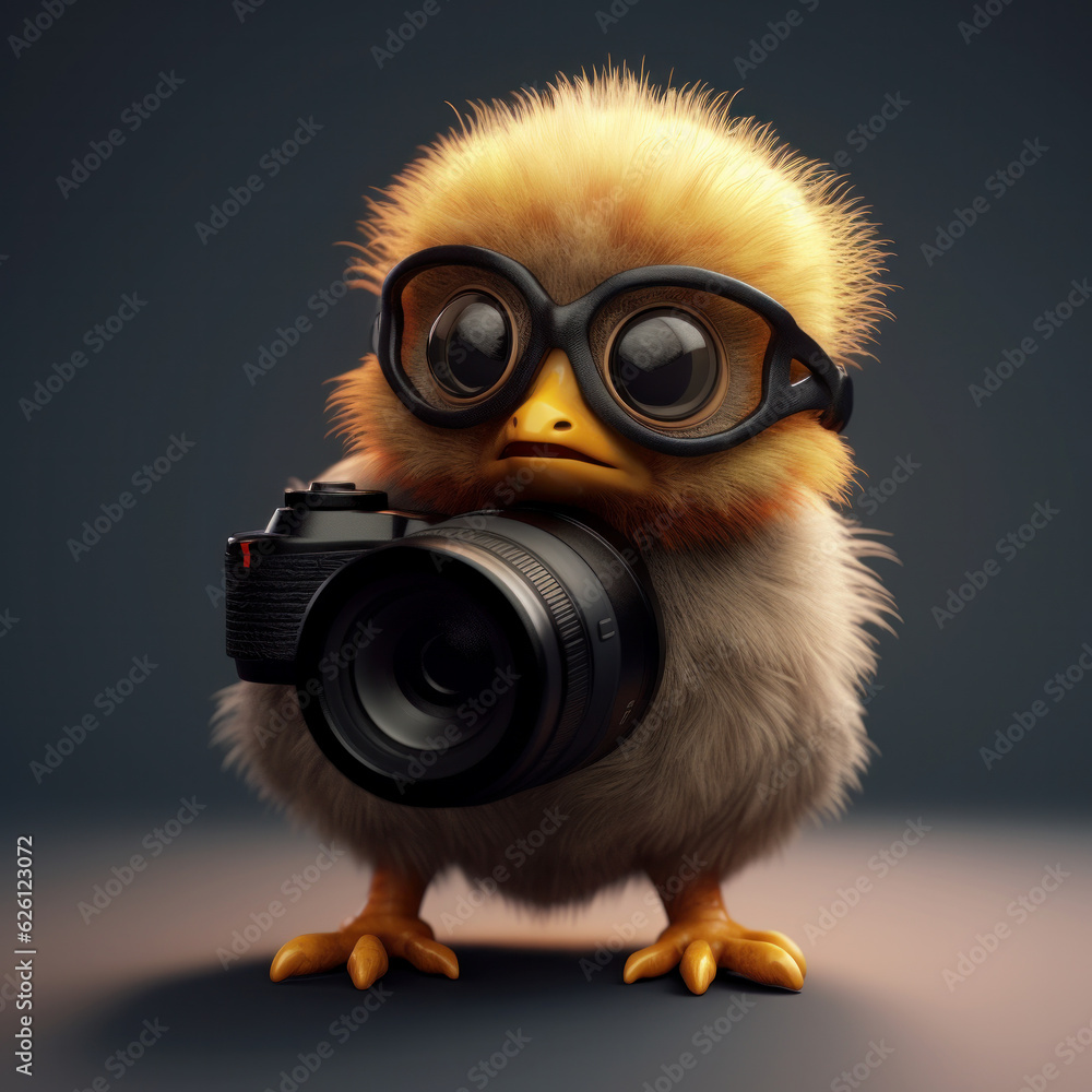 cartoonish little chick with glasses, taking photographs,ai generative
