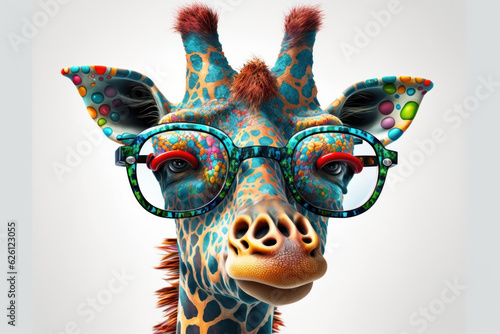 Cartoon colorful giraffe with sunglasses on white background.