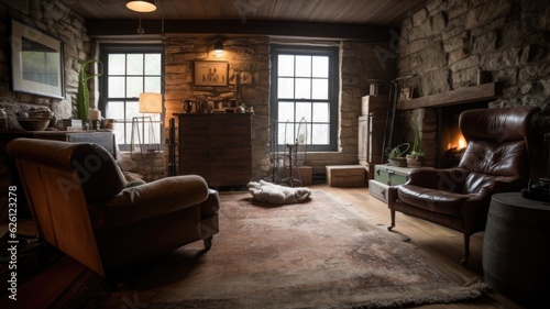 Living room decor, home interior design . Rustic Industrial style with Stone Fireplace decorated with Wood and Metal material . Generative AI AIG26. photo
