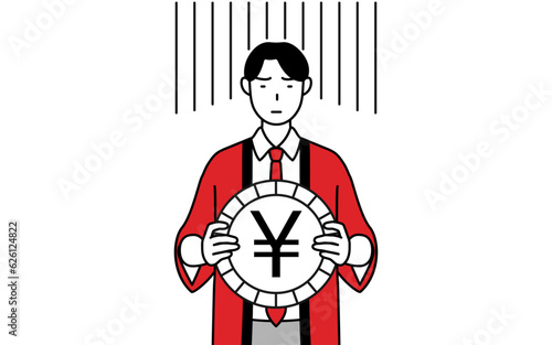 為替差損や円安のイメージ、赤い法被を着た販売員の男性