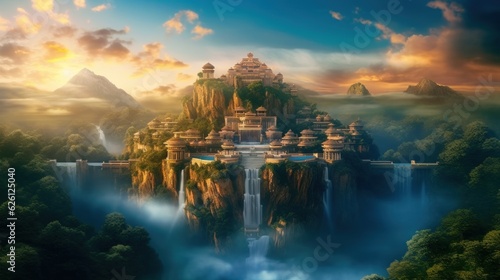 Fairy-tale palaces of a fantasy city with waterfalls somewhere in the mountains at dawn. AI generation 