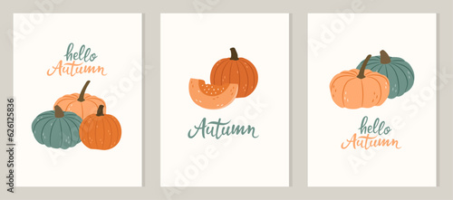 Minimalistic autumn postcards with pumpkins