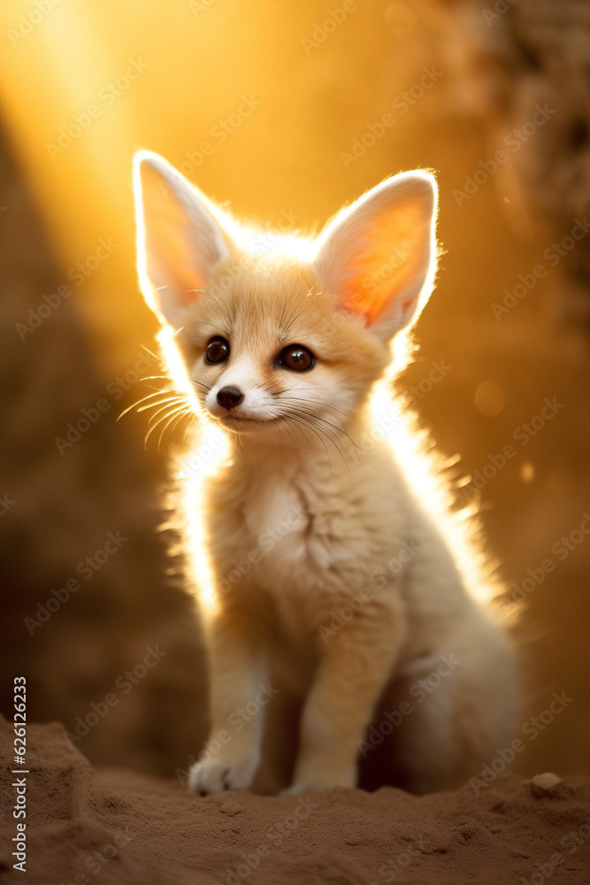 Fennec fox cub sitting outdoors