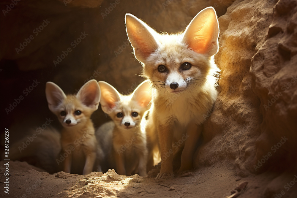 Fennec fox family with cubs looking at camera Fennec fox family with cubs looking at camera