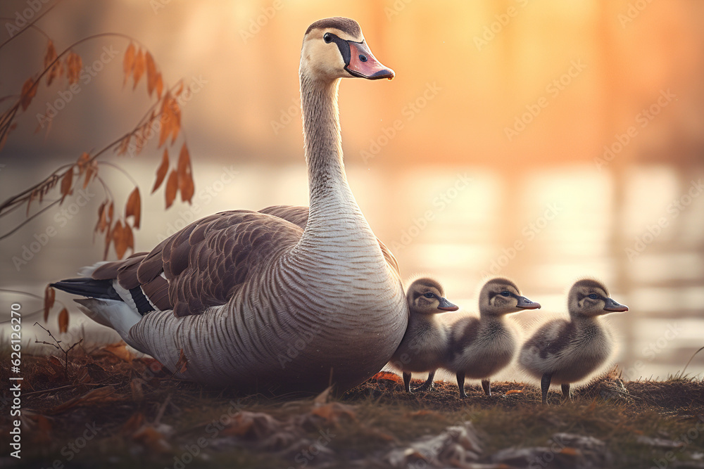 Goose family walking near the water Goose family walking near the water