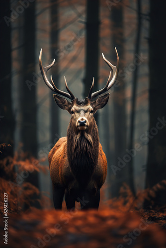 Adult deer standing in a forest and looking at camera © Natalya