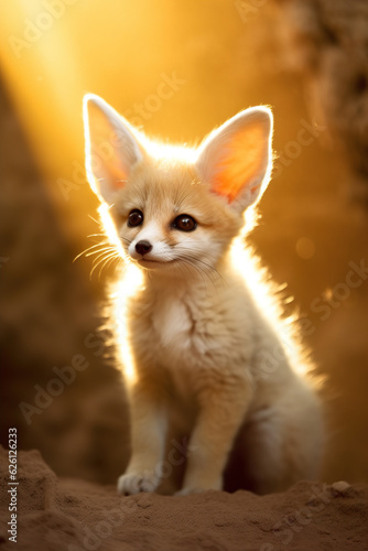 Fennec fox cub sitting outdoors
