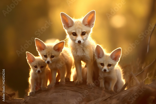 Fennec fox family with cubs looking at camera