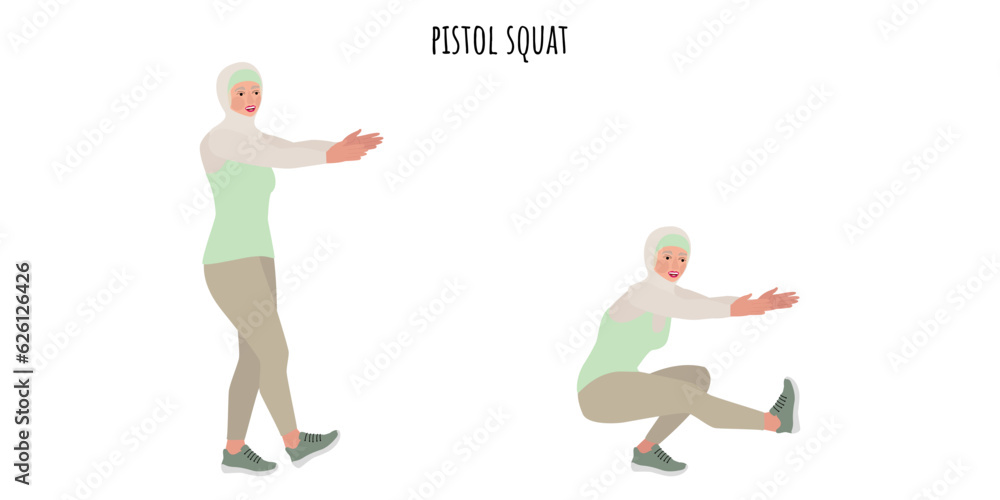 Muslim woman doing pistol squat exercise