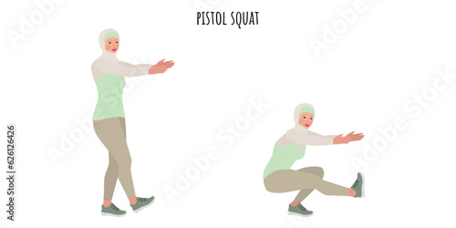 Muslim woman doing pistol squat exercise