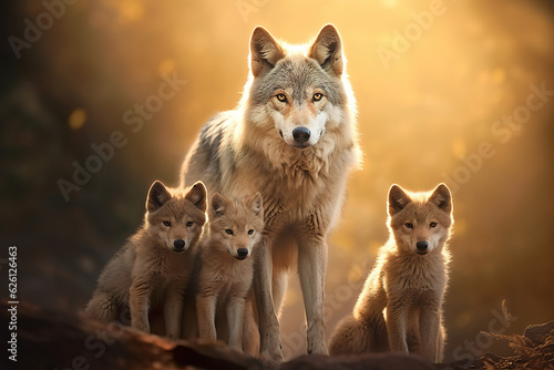 Wolf family with three cubs © Natalya