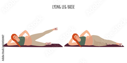 Pregnant woman doing lying leg raise exercise