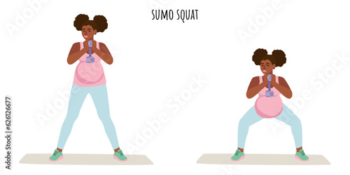 Young pregnant woman doing sumo squat exercise