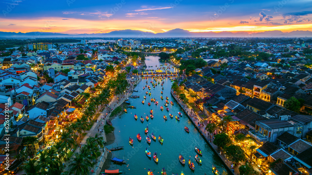 Aerial view of Hoi An ancient town at twilight, Vietnam.