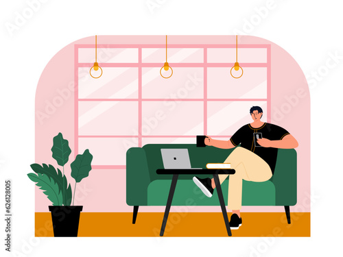 Coffee shop vector illistration. Coffee shop flat illustration. City cafe. Summer urban spring landscape. Flat design concept.