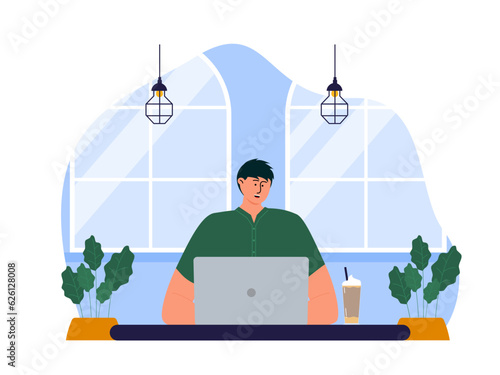 Coffee shop vector illistration. Coffee shop flat illustration. City cafe. Summer urban spring landscape. Flat design concept.