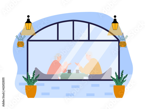 Coffee shop vector illistration. Coffee shop flat illustration. City cafe. Summer urban spring landscape. Flat design concept.