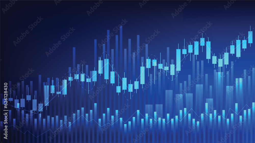 Financial business statistics with bar graph and candlestick chart show stock market price on dark background