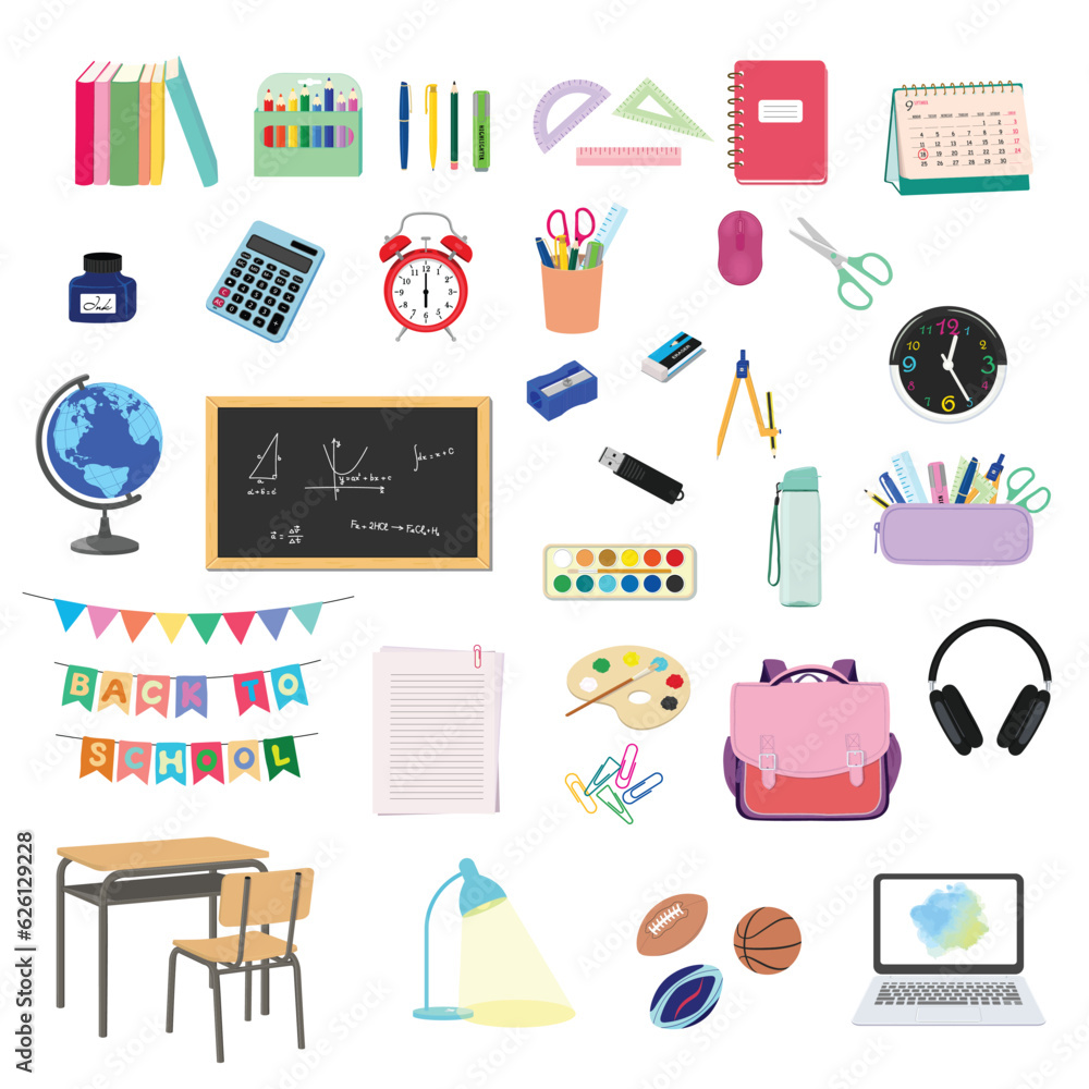 Set of 40 items for back to school concept. School supplies flat vector illustration in color isolated on white background. Set of 40 items for back to school concept. School supplies flat vector illustration in color isolated on white background.