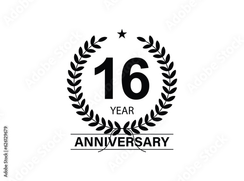 16 years anniversary pictogram vector icon, 16th year birthday logo label, black and white stamp isolated.
