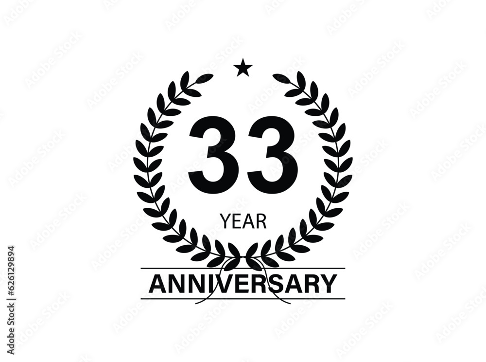33 years anniversary pictogram vector icon, 33th year birthday logo label, black and white stamp isolated. 33 years anniversary pictogram vector icon, 33th year birthday logo label, black and white stamp isolated.
