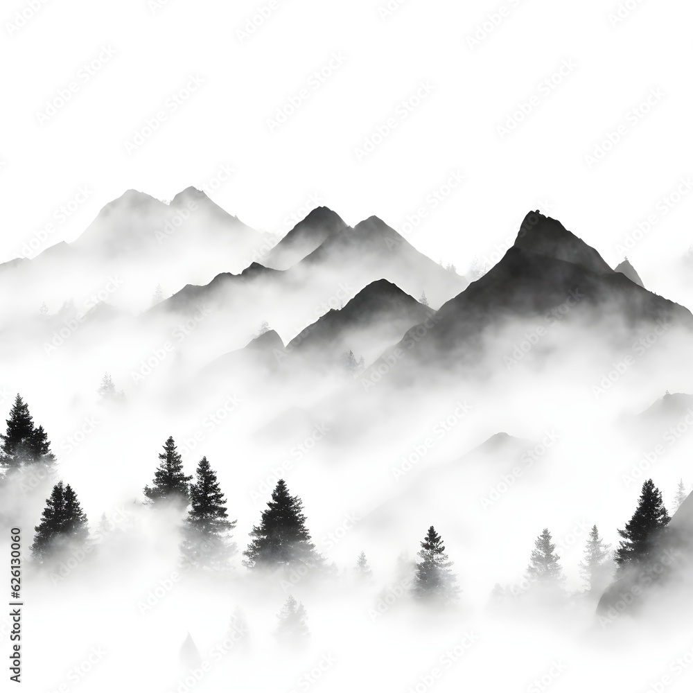  The Beautiful layers of mountains in the fog, with trees