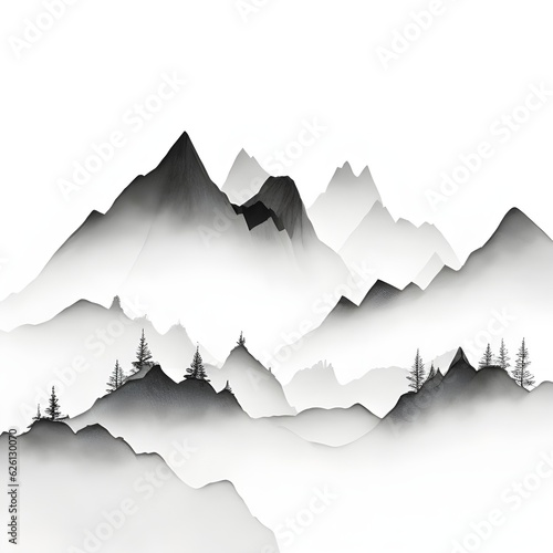  The Beautiful layers of mountains in the fog, with trees