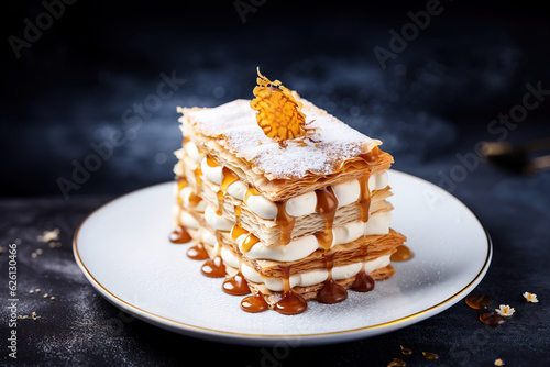 Decorated caramel mille-feuille cake on a plate photo