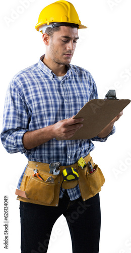 Digital png photo of busy caucasian male worker with clipboard on transparent background