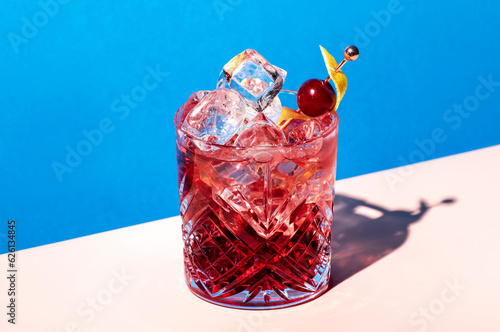 Fotografering Sbagliato Rosa alcoholic cocktail drink with Italian red liqueur and aperitif, c