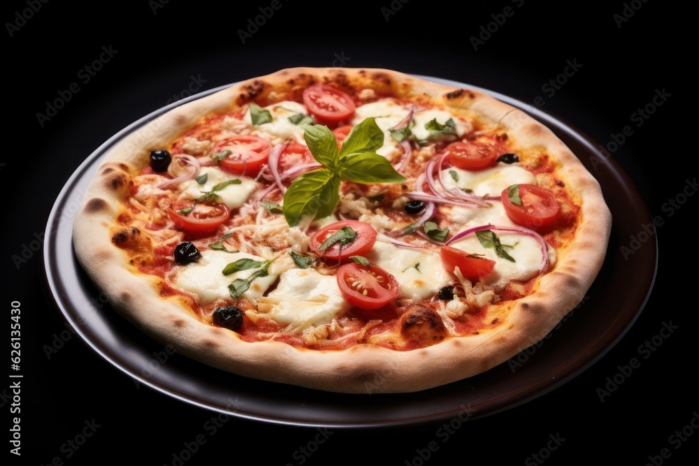 a pizza with tomatoes, mozzarella and basil on a wooden board, created by Generative AI