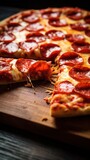 slice of pepperoni pizza on a wooden cutting board, created by Generative AI