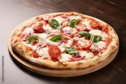 a pizza with tomatoes, mozzarella and basil on a wooden board, created by Generative AI