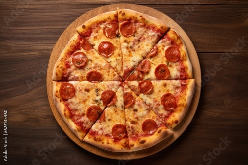 top view pepperoni pizza on a wooden plate, created by Generative AI