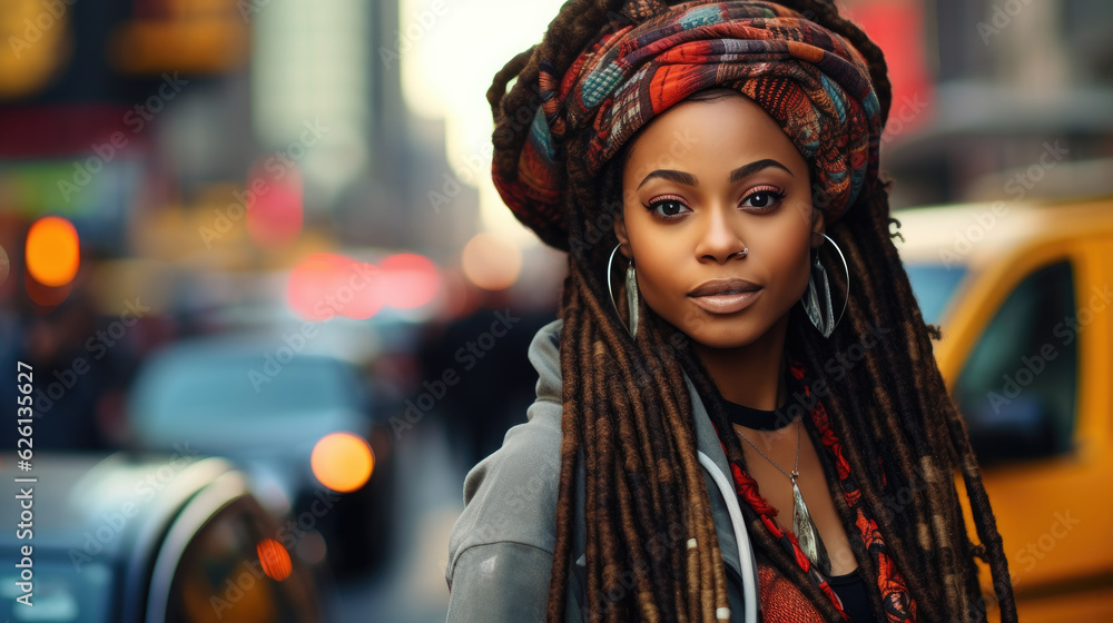 Obraz premium Cheerful African American woman with dreads. Beautiful dreadlocks