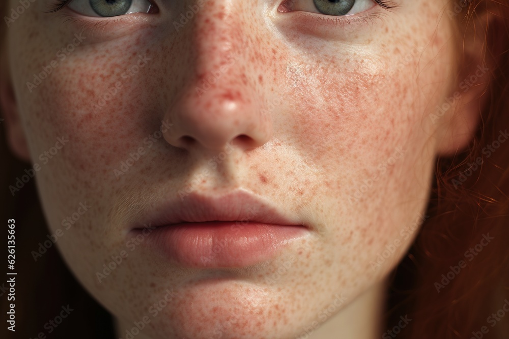 a close up of a woman with freckles,rosacea couperose redness skin.Generative Ai a close up of a woman with freckles,rosacea couperose redness skin.Generative Ai