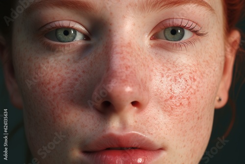 a close up of a woman with freckles,rosacea couperose redness skin.Generative Ai