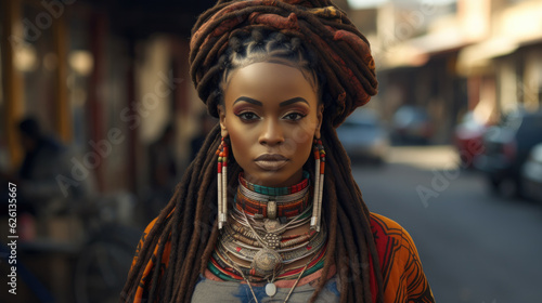 Cheerful African American woman with dreads. Beautiful dreadlocks